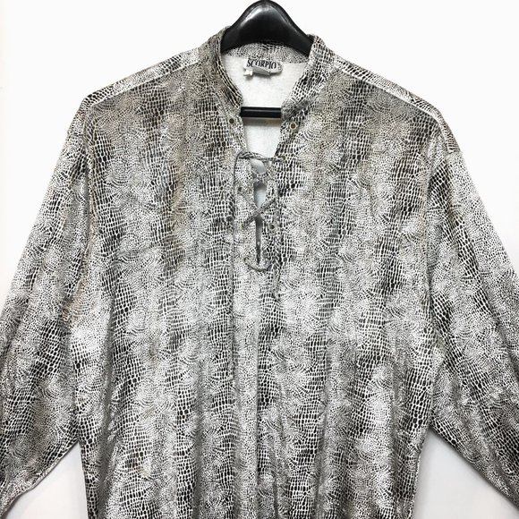 70's Style Scorpio Blk Wh Snakeprint Embossed Velveteen Drawstring  Shirt - Picture 2 of 10